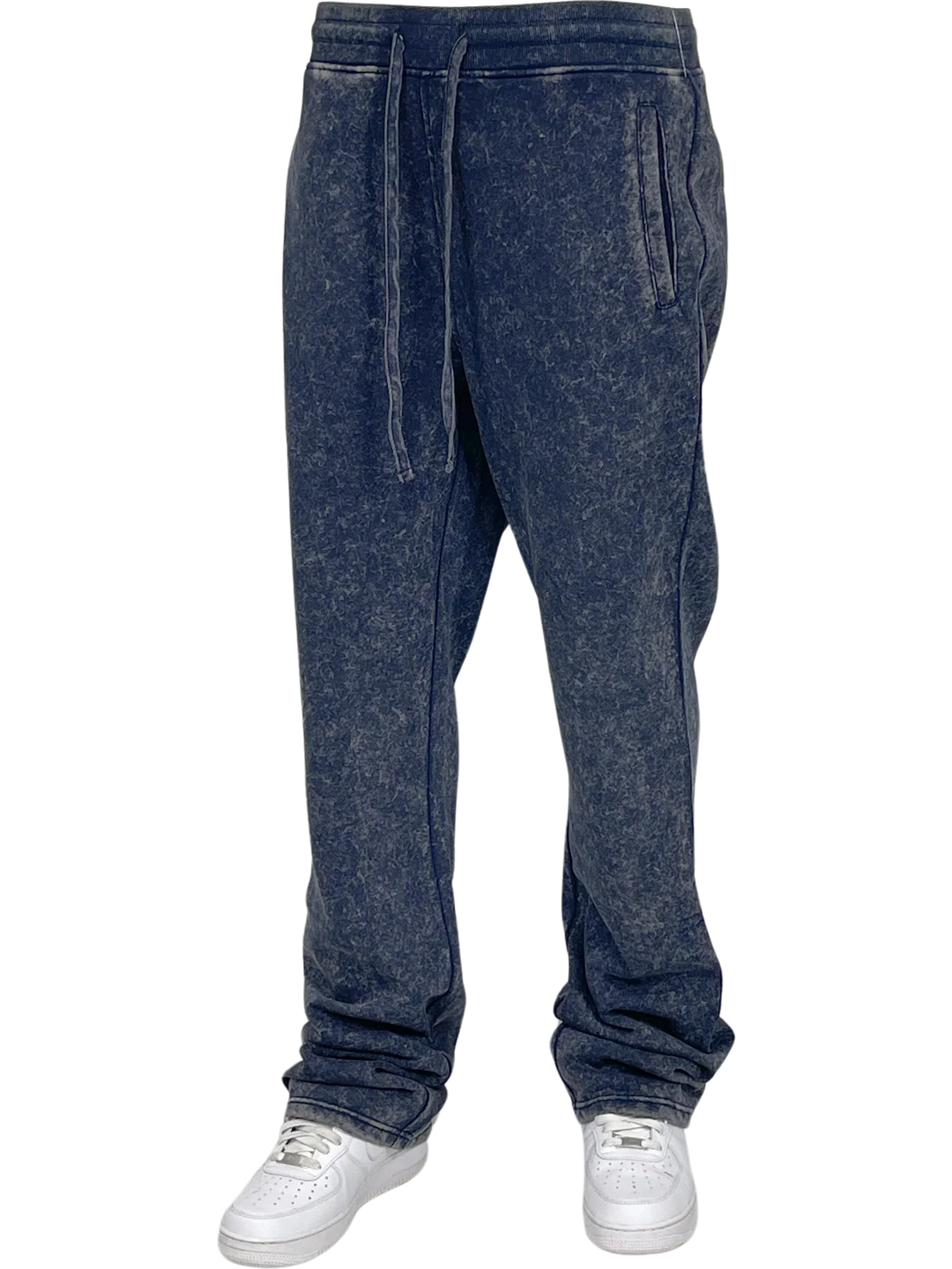 Navy Blue Acid Wash Stack Fleece Pants