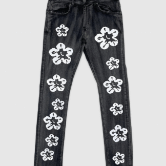 Men Denim Cotton Wreath Black Washed Floral Jeans